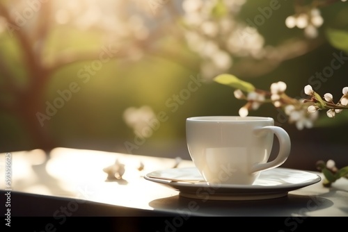 Coffee cup on table in beautiful spring garden. Generative AI