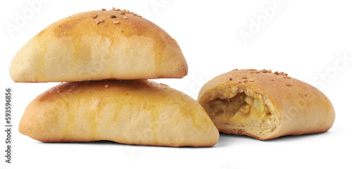 curry buns, type of savory bread filled with mixture of curry sauce and vegetables, sesame seeds spread golden brown and slightly crispy popular snack or light meal, isolated