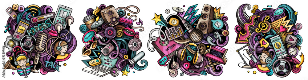 Obraz premium Audio content cartoon vector doodle designs set