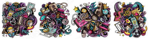 Audio content cartoon vector doodle designs set