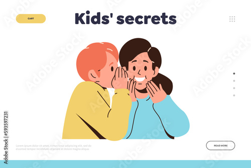 Kids secrets landing page design template with happy children gossiping in hushed tone of voice