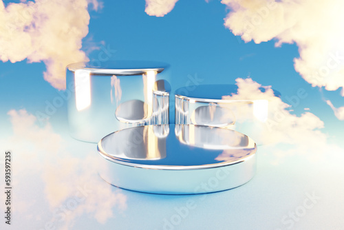 podium infinite background and smoke clouds. silver metall pedestal for beauty, cosmetic product presentation. copy space template, 3D Illustration
