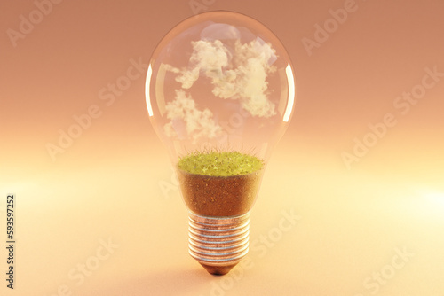 single lightbulb with green soil and clouds; renewable clean energy concept; 3D Illustration photo