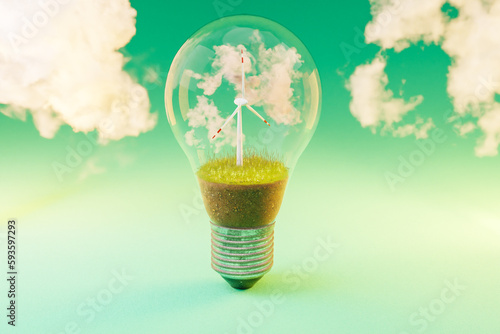 single lightbulb with minature wind turbine inside; green soil and clouds; renewable clean energy concept; 3D Illustration