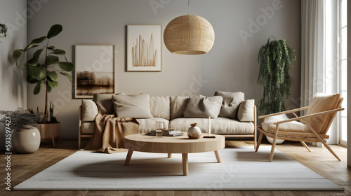 Chic Living Room Interior with Mockup Frame Poster, Modern interior design, 3D render, 3D illustration © Roman P.
