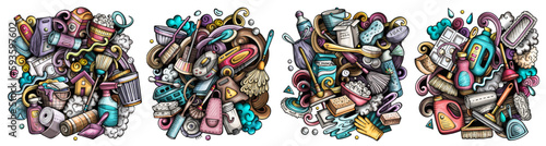 Cleaning cartoon vector doodle designs set.