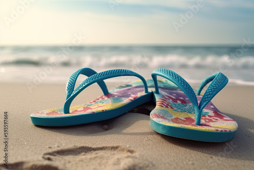 blue Beach shoes on the sand in beach. Summer concept. Ai generative