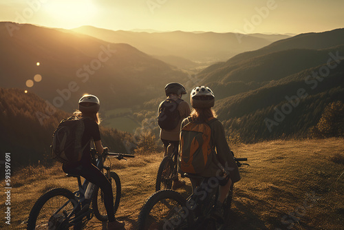 Family riding on bicycles through the mountain in countryside during sunset, woodland, summer activity outdoors together, AI Generative.