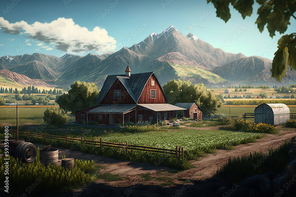 A rural farm, farmhouse with crops in countryside with mountains background,  morning view. AI Generative.