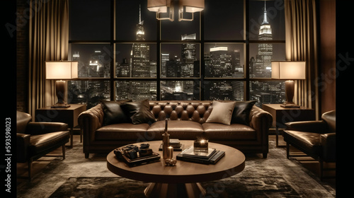 Luxurious Living Room Interior with Mockup Frame Poster, Modern interior design, 3D render, 3D illustration © Roman P.