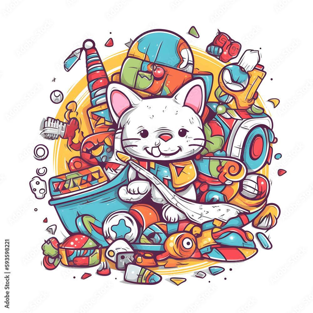 Cute and Colorful Cat illustration with Lots of Objects Background, Generative AI