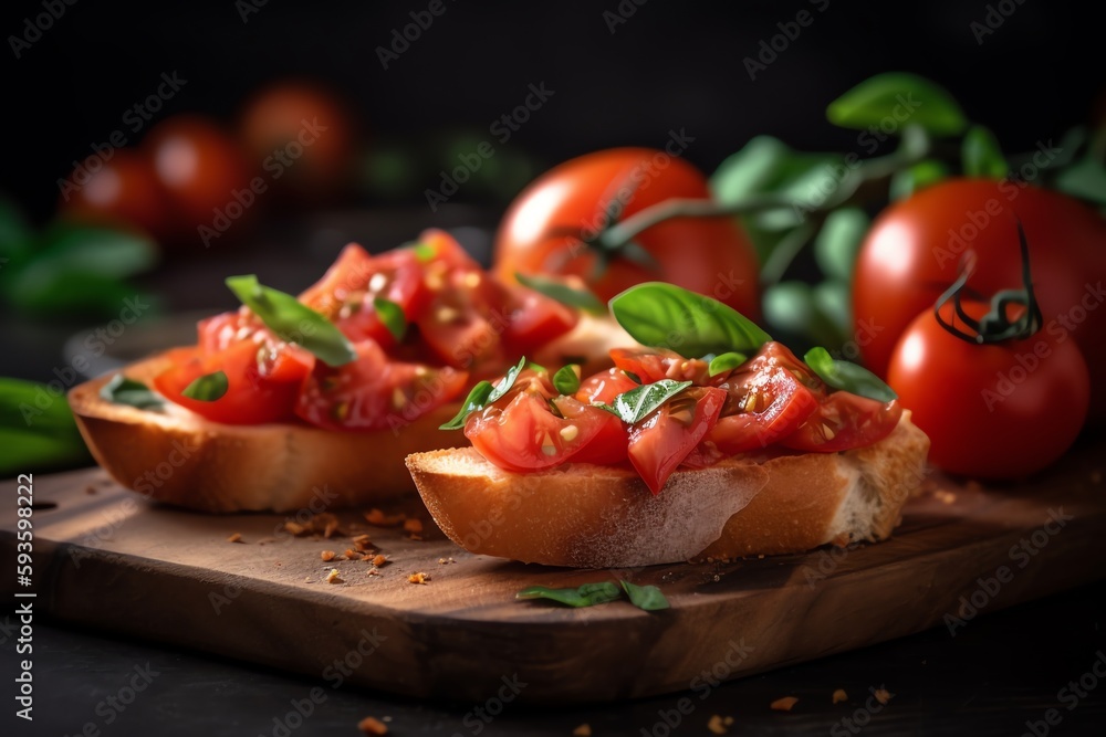 Delicious tomato bruschetta slices on board. Generative AI Delicious tomato bruschetta slices on board. Generative AI