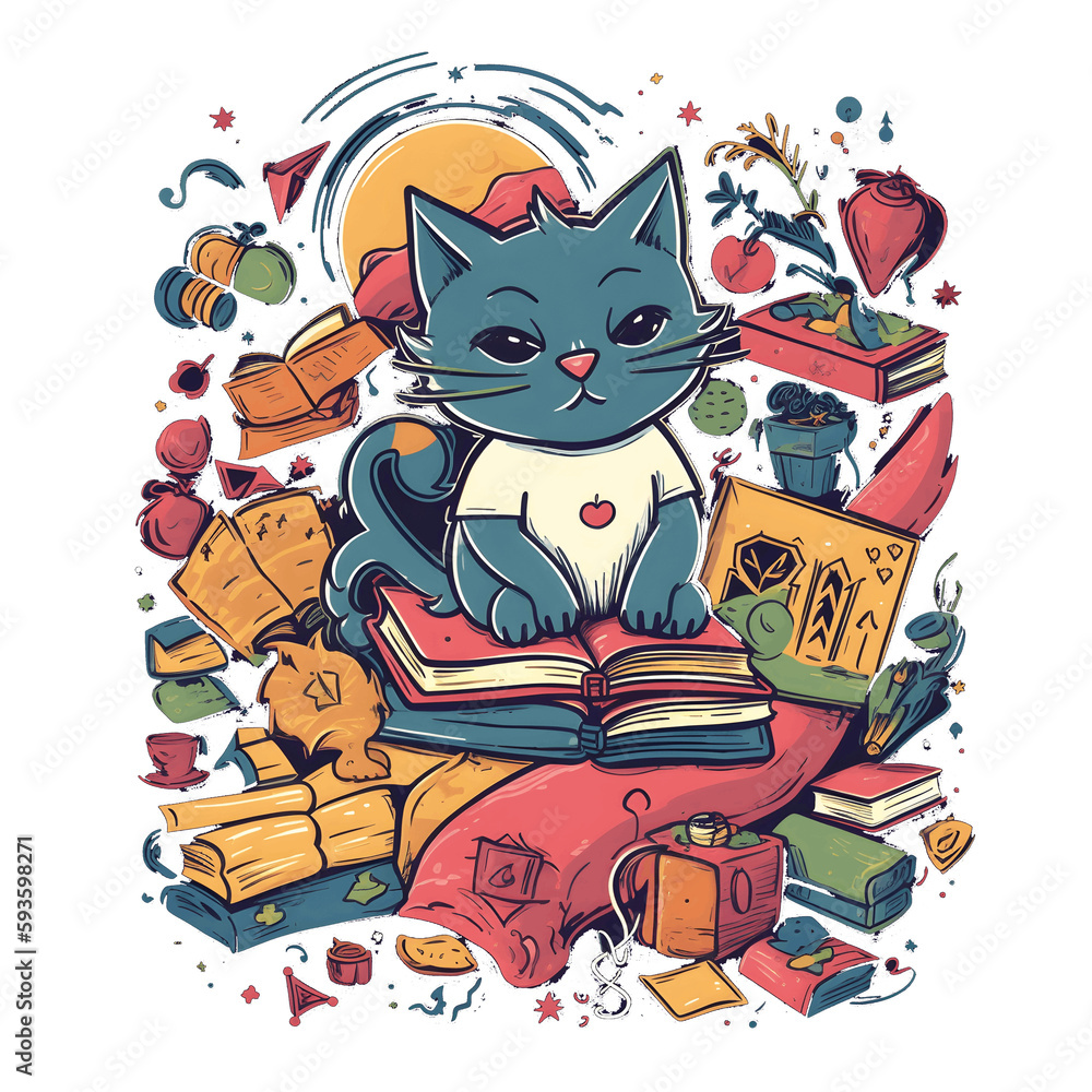 Cute and Colorful Cat illustration with Lots of Objects Background, Generative AI