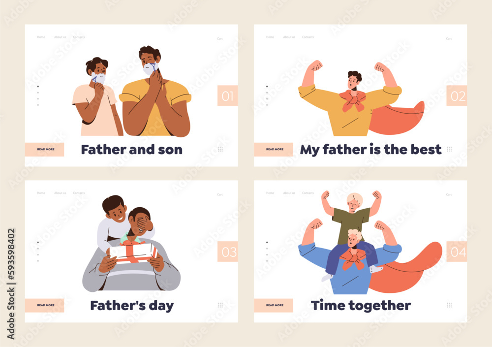 Set of landing page design template with happy father and son characters enjoying time together Set of landing page design template with happy father and son characters enjoying time together