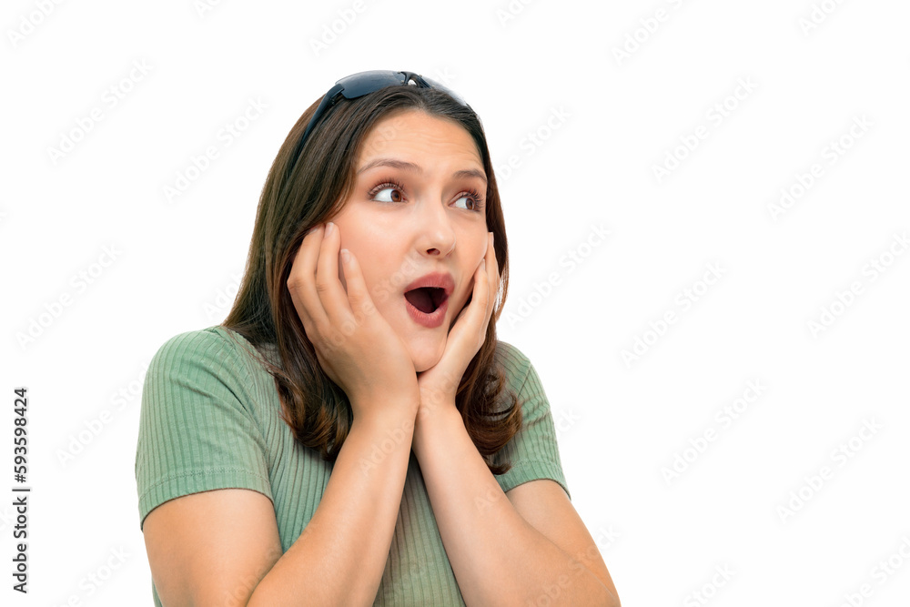 Portraint of young caucasian woman excited lucky receive unbelievable awesome present isolated on white background. Adorable girl touch cheeks surprised open mouth impressed smiling standing pleased. Portraint of young caucasian woman excited lucky receive unbelievable awesome present isolated on white background. Adorable girl touch cheeks surprised open mouth impressed smiling standing pleased.