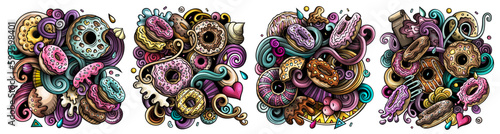 Donuts cartoon vector doodle designs set.