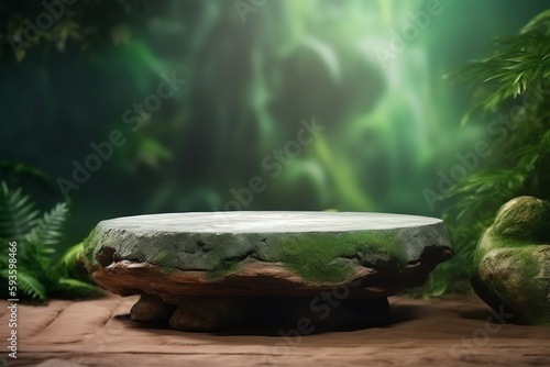 Stone table in green jungle background for product display. Generative AI