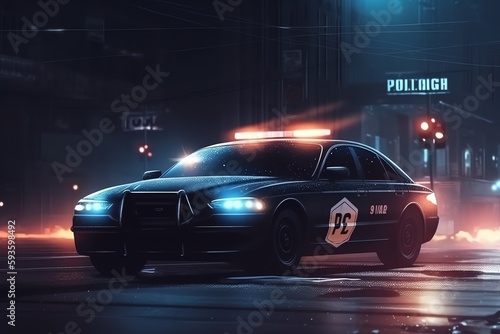 Night police patrol car with emergency lights at crime scene. Generative AI