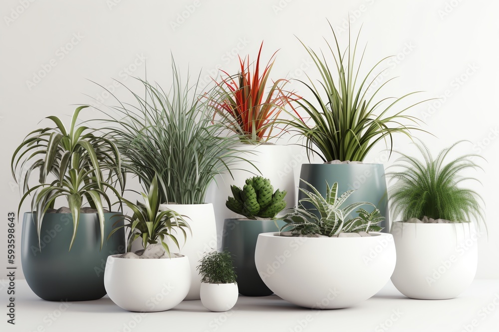Collection of plants in ceramic pots on white background, 3D render. Generative AI