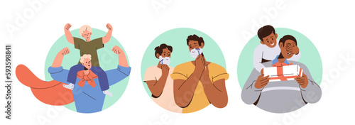 Set of round frames with happy father and son characters spending time together, play and having fun