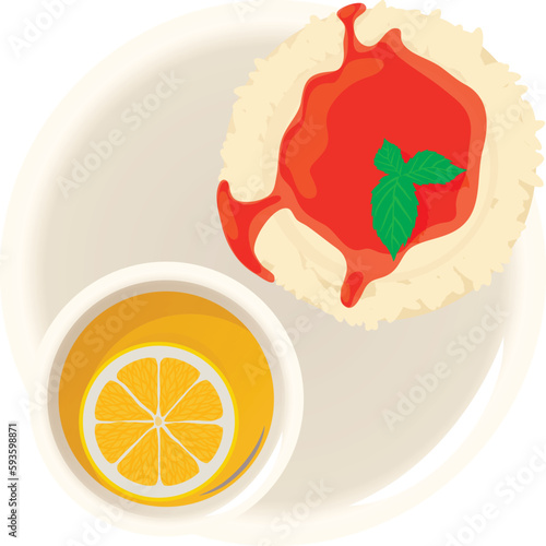 Panna cotta icon isometric vector. Panna cotta with fruit jam and lemon tea cup. Dessert, breakfast, food concept