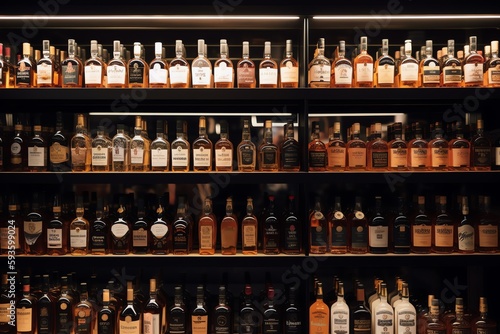 Foto Variety of hard liquor brands in liquor store. Generative AI