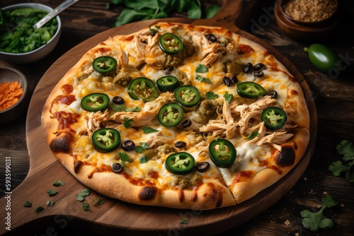 Chicken pizza on wooden plate with olives, jalapeno peppers, and ranch sauce. Generative AI