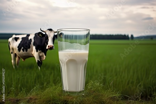 Fresh milk on desk and free space for your decoration. Sunset time and rural landscape