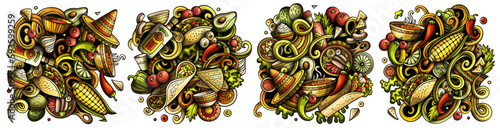 Mexican food cartoon vector doodle designs set
