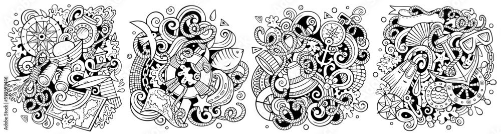Fototapeta premium Nautical cartoon vector doodle designs set
