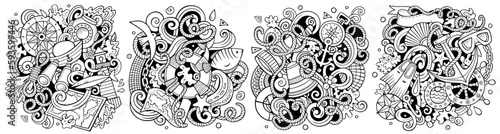 Nautical cartoon vector doodle designs set