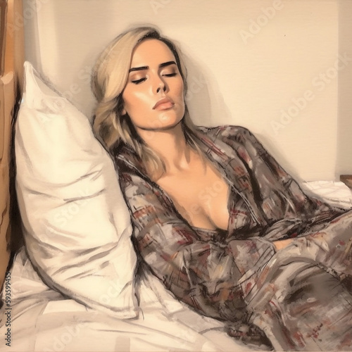 A young and beautiful woman is sleeping on the couch after watching TV. She has fallen asleep and slept until morning. photo that reflects the themes of lifestyle, home and comfort.
