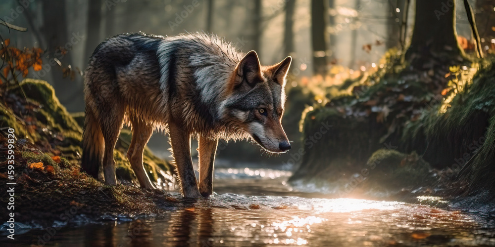 Obraz premium Ein Wolf im dichten Wald im Schwarzwald - generative ai