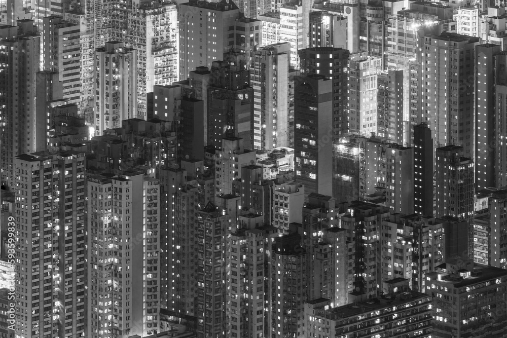 Night scenery of aerial view of Hong Kong City