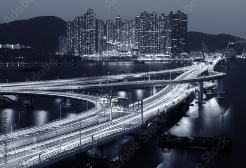 Canvas Print Night scenery of traffic on Tseung Kwan O Cross Bay Link in Hong Kong city
