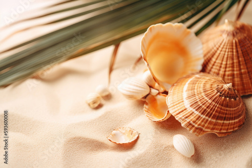 Seashells and palm leaves on tropical beach background. Generative ai