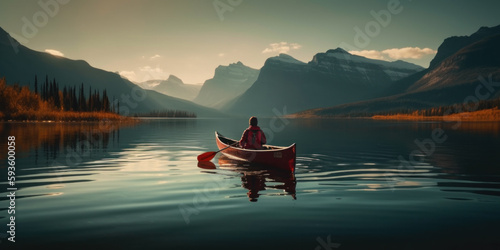 Ein Mann paddelt in einem roten Kanu über einen See im Morgennebel - generative ai