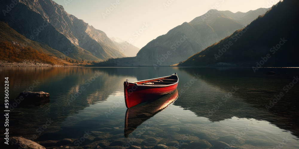Ein leeres, rotes Kanu auf einem See im Gebirge - generative ai - obrazy, fototapety, plakaty 