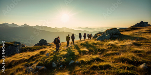 Eine Gruppe wandert im Hochgebirge der Alpen - generative ai фототапет