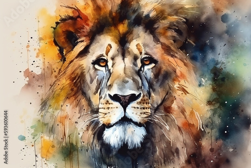 Vibrant Watercolor Portrait of a Majestic Lion © artefacti