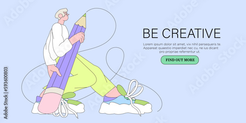 Man designer hold big pencil and draw. Creative or educational process banner, ad, landing page or poster for web design studio, startup or courses. Generating ideas, imagination, inspiration concept.