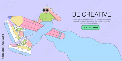Woman designer flying on pencil . Creative or educational process banner, ad, landing page or poster for web design studio, startup or courses. Generating ideas, imagination, inspiration concept.