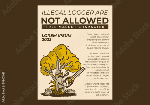 Flyer design with picture of a big tree character holding a chainsaw