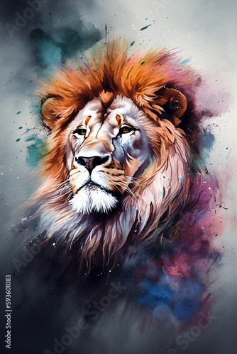 Vibrant Watercolor Portrait of a Majestic Lion © artefacti