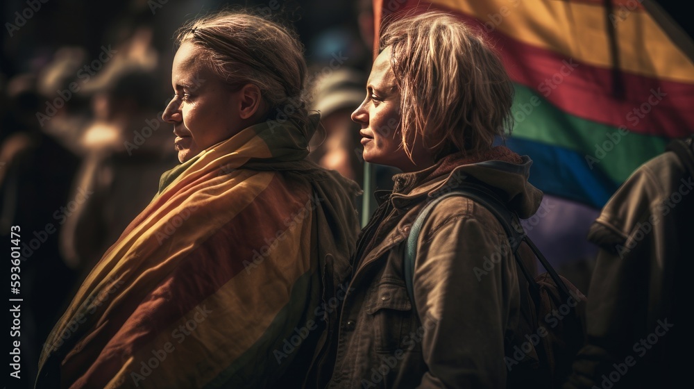 Two fictional women standing in front of a rainbow flag, showing support for the LGBTQ+ community - Generative AI