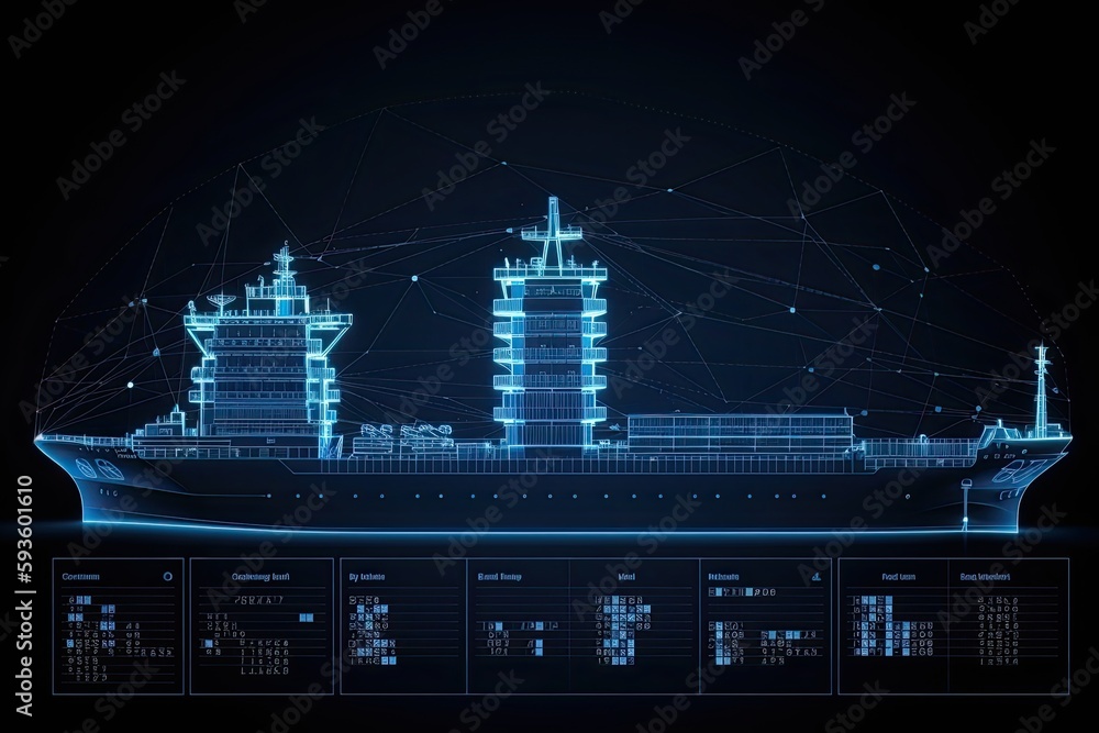 Container cargo ship global business logistics import export freight shipping transportation,  Big data visualization graphic graph and chart information business network - Generative AI