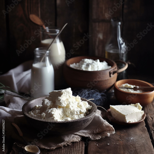 Natural Farm Dairy Products and Rustic Cutlery on old rural wooden table. AI Generative
