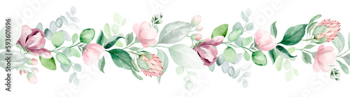 Watercolor seamless border - illustration with vibrant pink vibrant flowers  green leaves  for wedding stationery  congratulations  wallpapers  trendy  backgrounds  textures  DIY  wrappers  postcards.