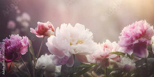Blooming pink peony flowers wide long banner © dvoevnore