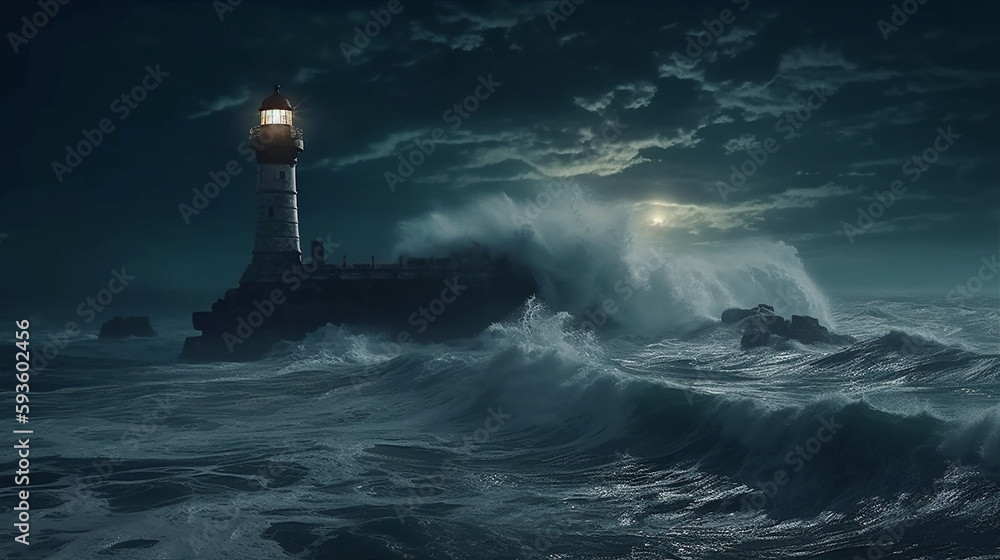 Old Lighthouse on Island in Stormy Ocean, In Night with moonlight. Generative AI